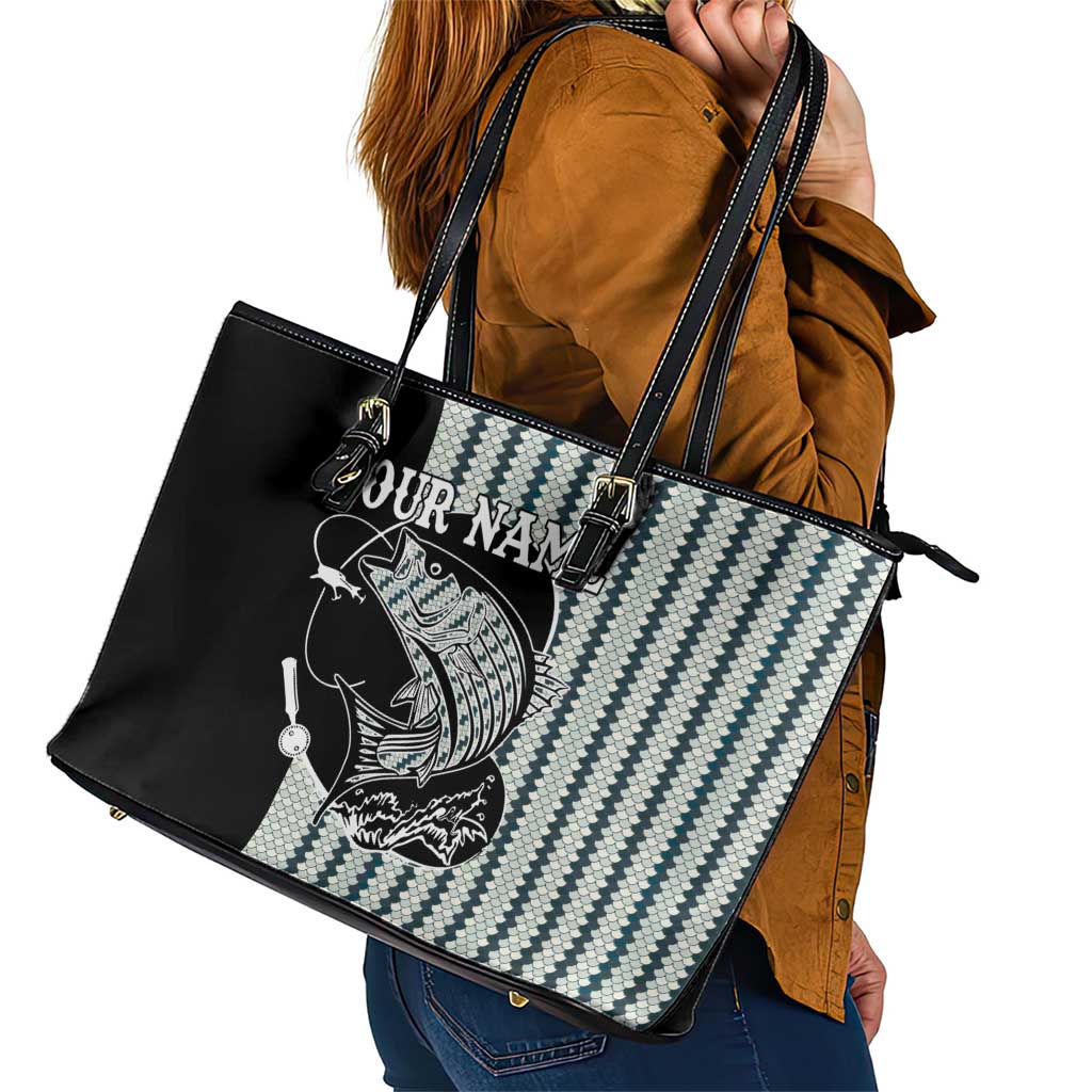 Striped Bass Jumping Graphic Leather Tote Bag Rod Reel and Airplane on Fish Scale Pattern - Wonder Print Shop