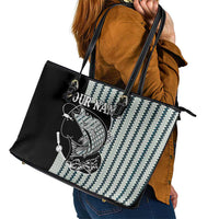 Striped Bass Jumping Graphic Leather Tote Bag Rod Reel and Airplane on Fish Scale Pattern - Wonder Print Shop