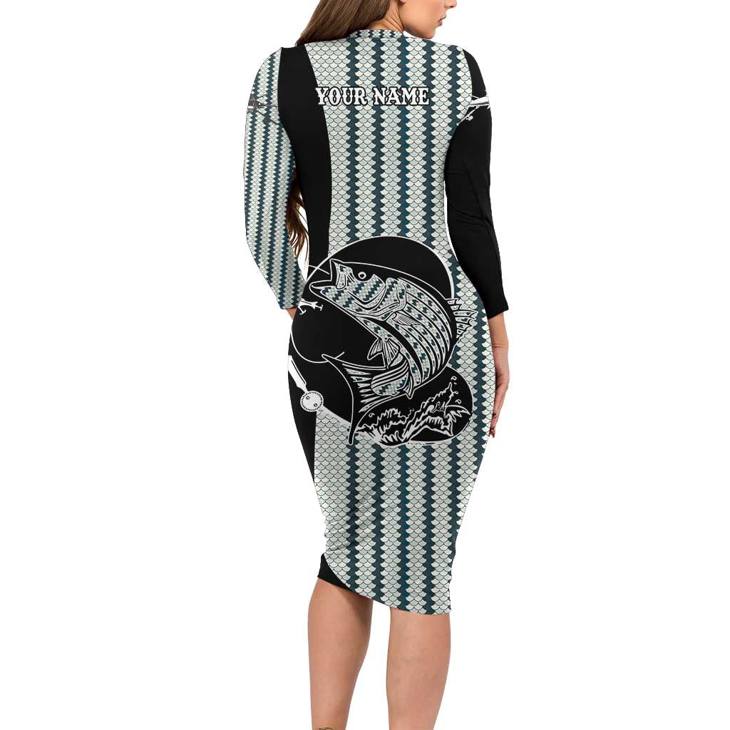 Striped Bass Jumping Graphic Long Sleeve Bodycon Dress Rod Reel and Airplane on Fish Scale Pattern - Wonder Print Shop