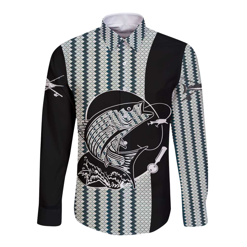 Striped Bass Jumping Graphic Long Sleeve Button Shirt Rod Reel and Airplane on Fish Scale Pattern - Wonder Print Shop