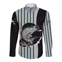 Striped Bass Jumping Graphic Long Sleeve Button Shirt Rod Reel and Airplane on Fish Scale Pattern - Wonder Print Shop