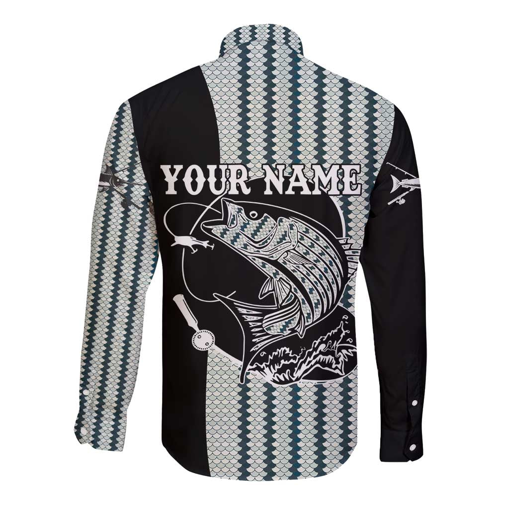 Striped Bass Jumping Graphic Long Sleeve Button Shirt Rod Reel and Airplane on Fish Scale Pattern - Wonder Print Shop
