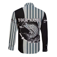 Striped Bass Jumping Graphic Long Sleeve Button Shirt Rod Reel and Airplane on Fish Scale Pattern - Wonder Print Shop