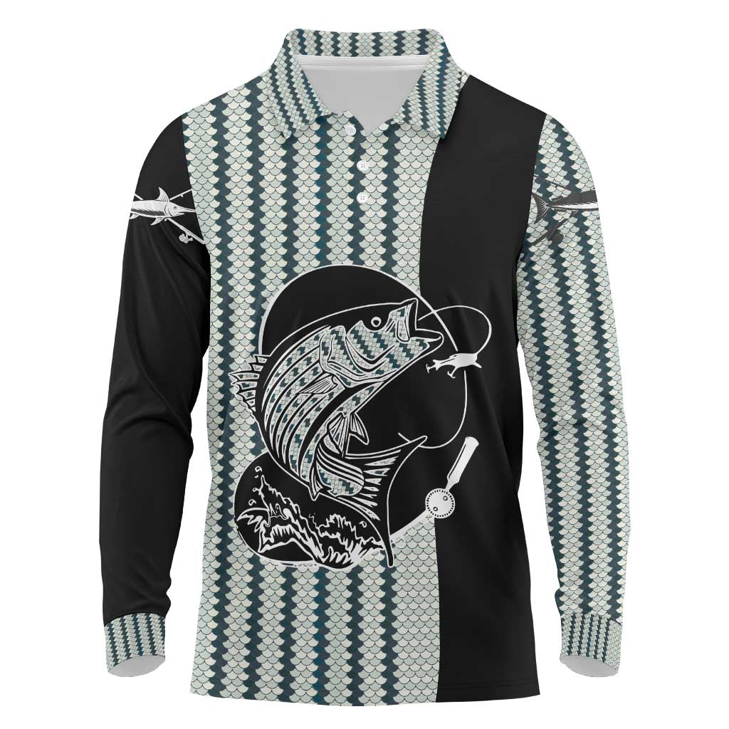 Striped Bass Jumping Graphic Long Sleeve Polo Shirt Rod Reel and Airplane on Fish Scale Pattern - Wonder Print Shop