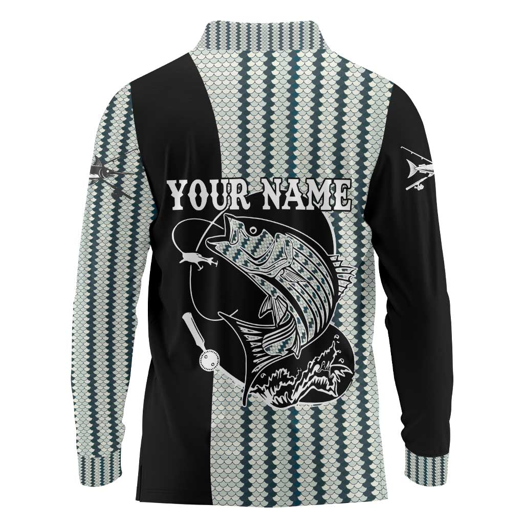 Striped Bass Jumping Graphic Long Sleeve Polo Shirt Rod Reel and Airplane on Fish Scale Pattern - Wonder Print Shop