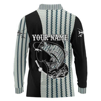 Striped Bass Jumping Graphic Long Sleeve Polo Shirt Rod Reel and Airplane on Fish Scale Pattern - Wonder Print Shop