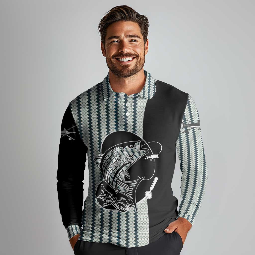 Striped Bass Jumping Graphic Long Sleeve Polo Shirt Rod Reel and Airplane on Fish Scale Pattern - Wonder Print Shop