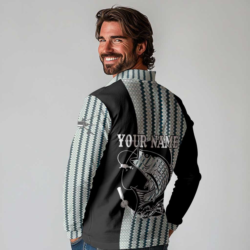 Striped Bass Jumping Graphic Long Sleeve Polo Shirt Rod Reel and Airplane on Fish Scale Pattern - Wonder Print Shop
