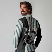 Striped Bass Jumping Graphic Long Sleeve Polo Shirt Rod Reel and Airplane on Fish Scale Pattern - Wonder Print Shop