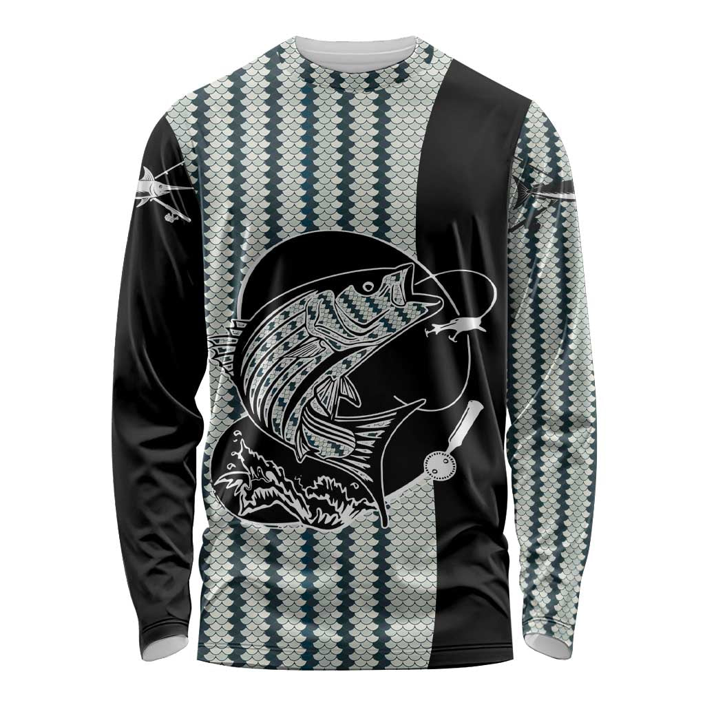 Striped Bass Jumping Graphic Long Sleeve Shirt Rod Reel and Airplane on Fish Scale Pattern - Wonder Print Shop