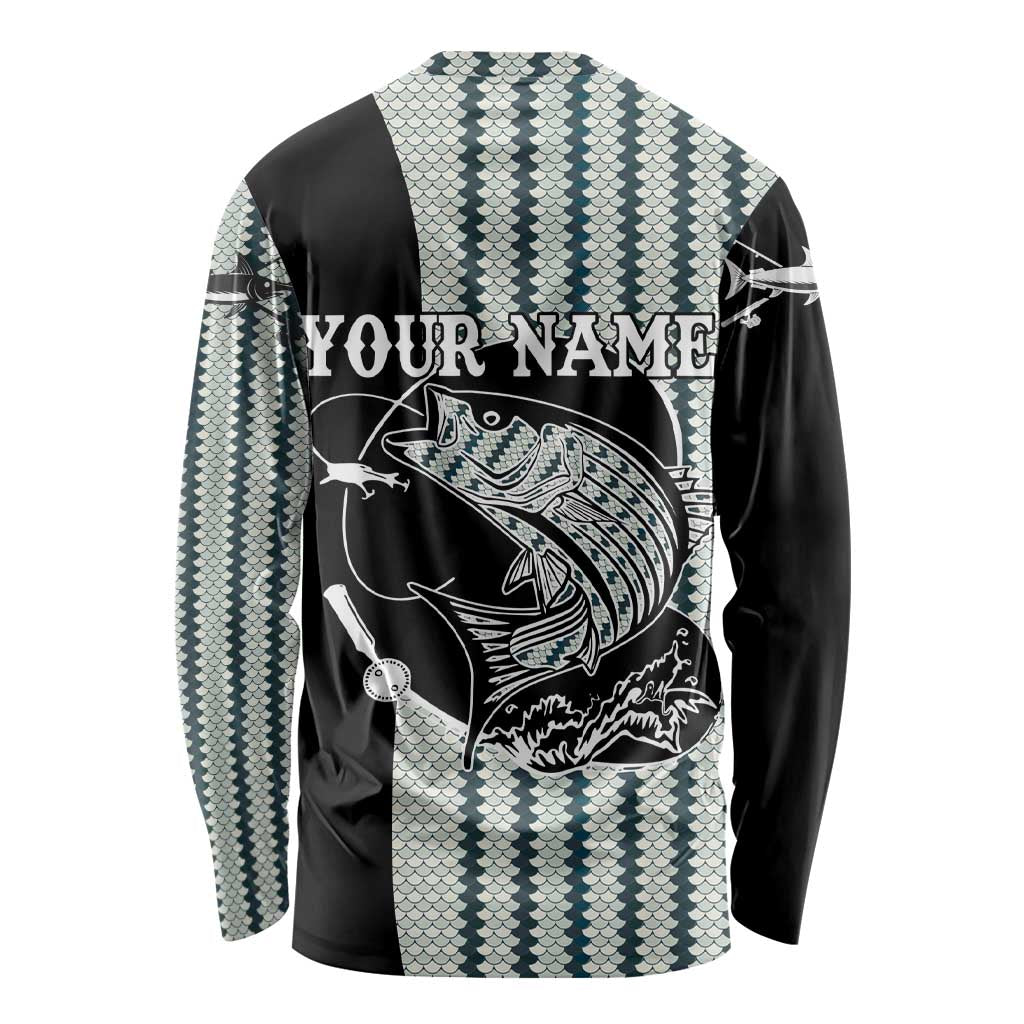 Striped Bass Jumping Graphic Long Sleeve Shirt Rod Reel and Airplane on Fish Scale Pattern - Wonder Print Shop