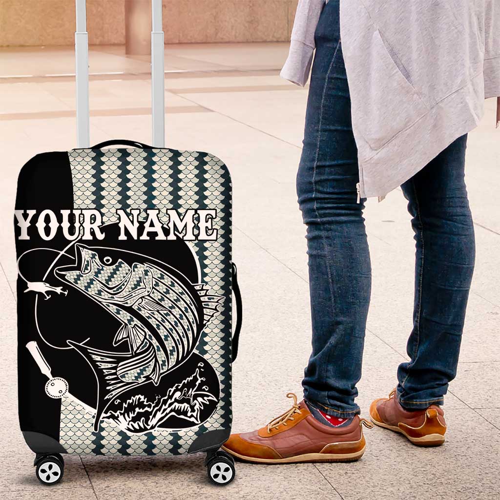 Striped Bass Jumping Graphic Luggage Cover Rod Reel and Airplane on Fish Scale Pattern - Wonder Print Shop