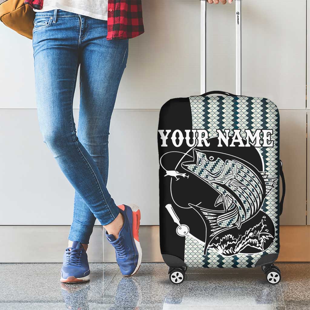 Striped Bass Jumping Graphic Luggage Cover Rod Reel and Airplane on Fish Scale Pattern - Wonder Print Shop
