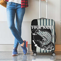 Striped Bass Jumping Graphic Luggage Cover Rod Reel and Airplane on Fish Scale Pattern - Wonder Print Shop