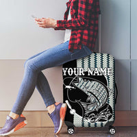 Striped Bass Jumping Graphic Luggage Cover Rod Reel and Airplane on Fish Scale Pattern - Wonder Print Shop