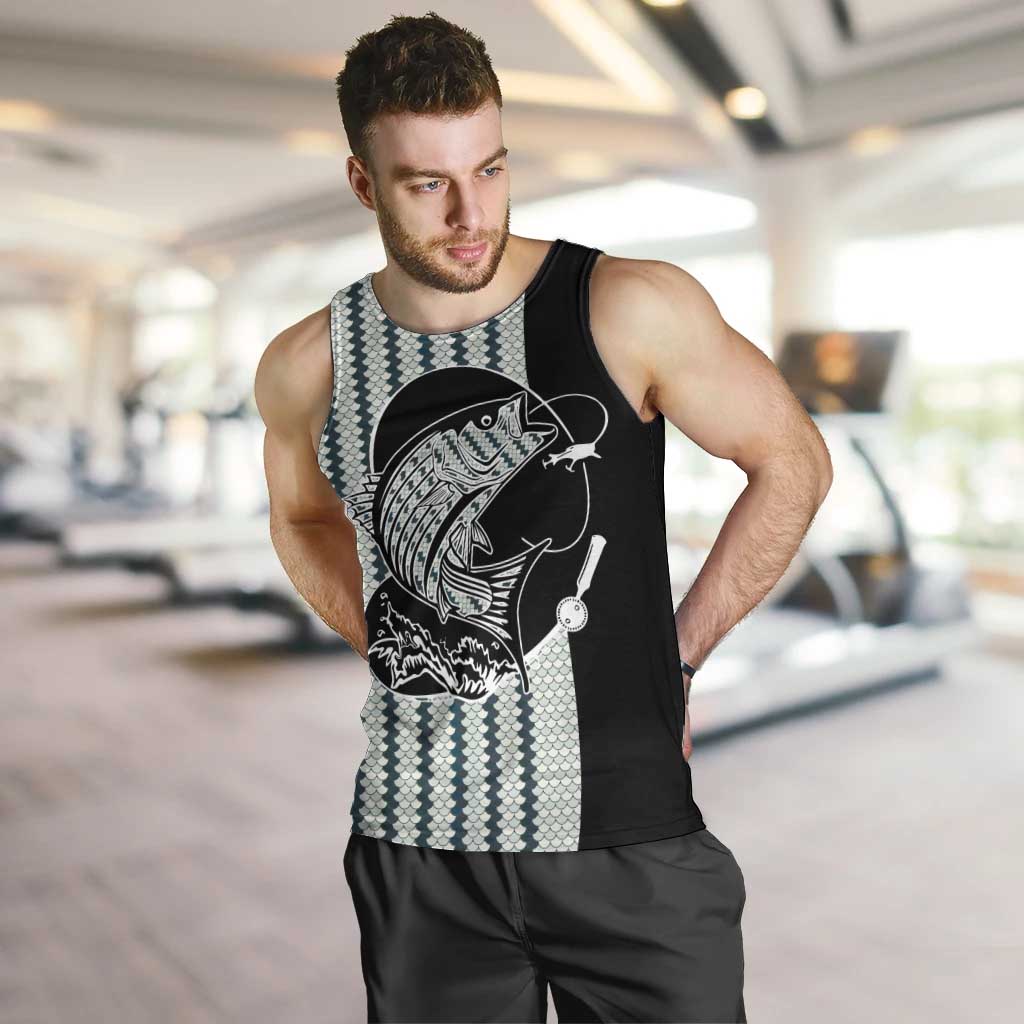 Striped Bass Jumping Graphic Men Tank Top Rod Reel and Airplane on Fish Scale Pattern - Wonder Print Shop