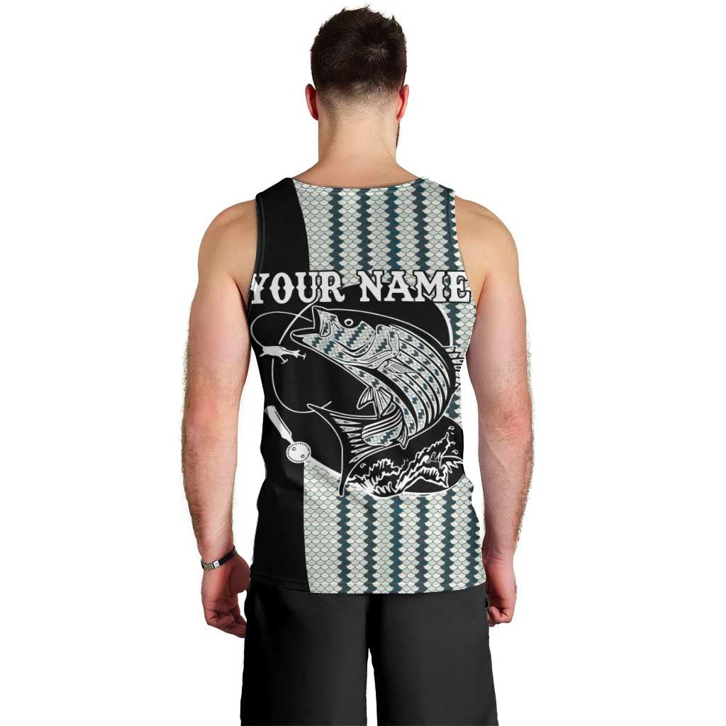 Striped Bass Jumping Graphic Men Tank Top Rod Reel and Airplane on Fish Scale Pattern - Wonder Print Shop