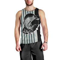 Striped Bass Jumping Graphic Men Tank Top Rod Reel and Airplane on Fish Scale Pattern - Wonder Print Shop