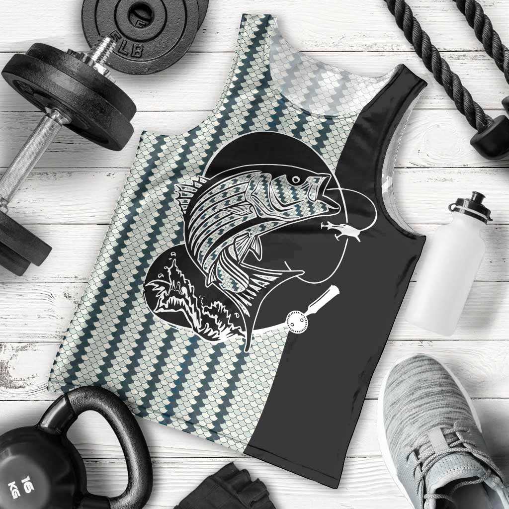 Striped Bass Jumping Graphic Men Tank Top Rod Reel and Airplane on Fish Scale Pattern - Wonder Print Shop