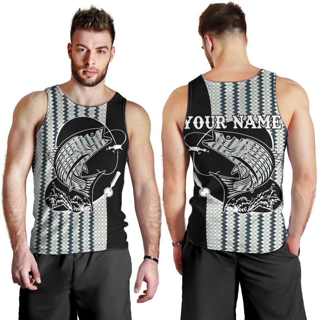 Striped Bass Jumping Graphic Men Tank Top Rod Reel and Airplane on Fish Scale Pattern - Wonder Print Shop