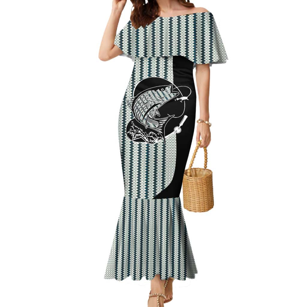 Striped Bass Jumping Graphic Mermaid Dress Rod Reel and Airplane on Fish Scale Pattern - Wonder Print Shop