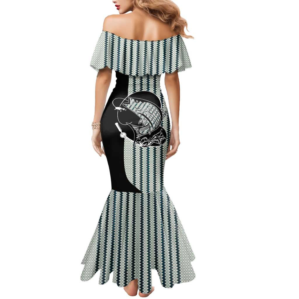Striped Bass Jumping Graphic Mermaid Dress Rod Reel and Airplane on Fish Scale Pattern - Wonder Print Shop