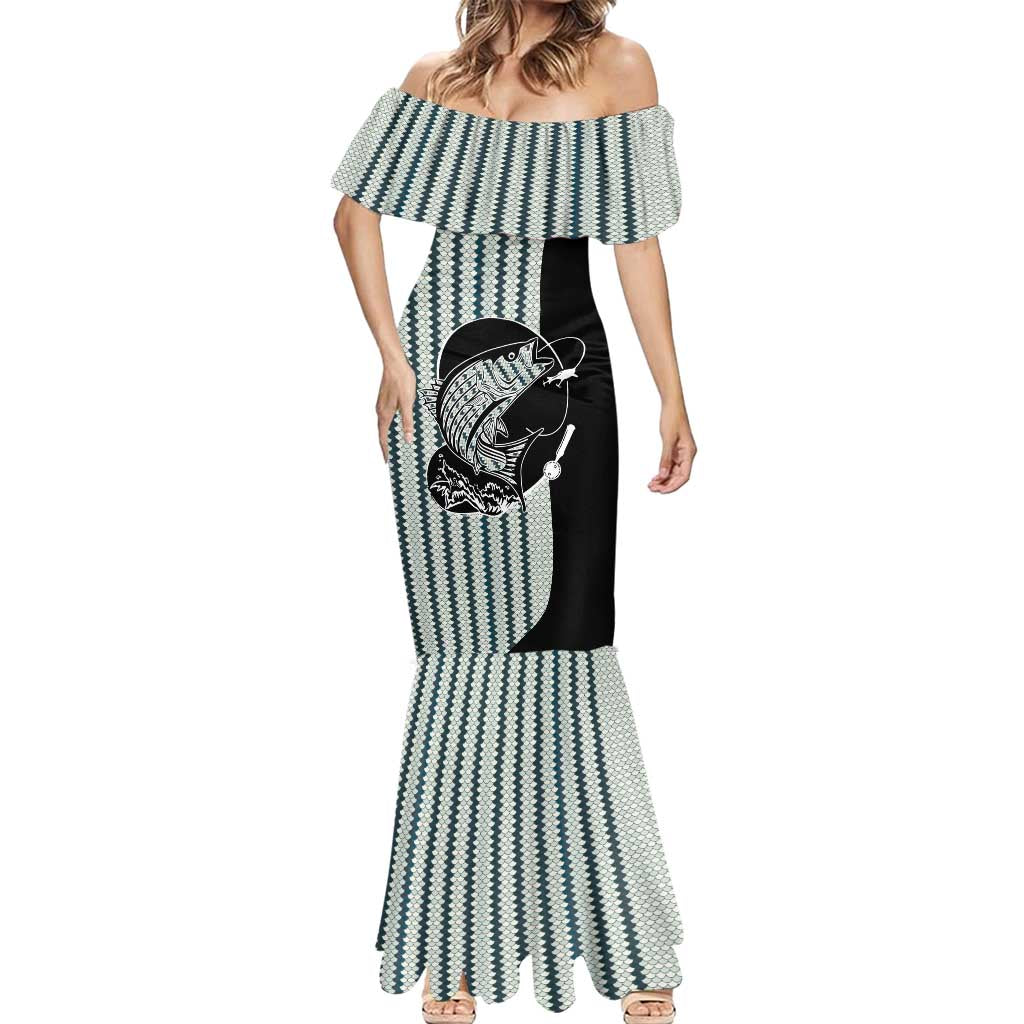 Striped Bass Jumping Graphic Mermaid Dress Rod Reel and Airplane on Fish Scale Pattern - Wonder Print Shop