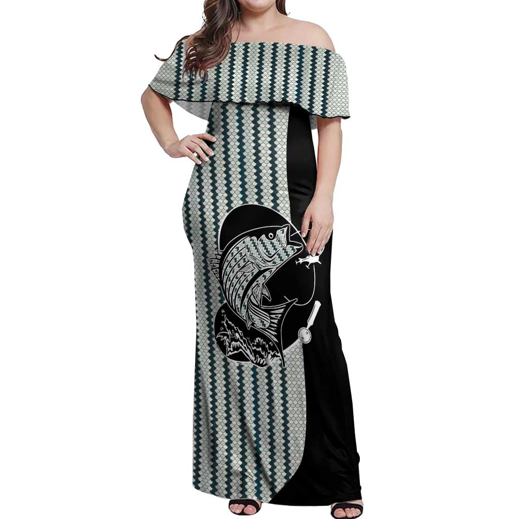 Striped Bass Jumping Graphic Off Shoulder Maxi Dress Rod Reel and Airplane on Fish Scale Pattern - Wonder Print Shop