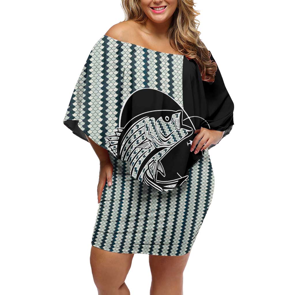 Striped Bass Jumping Graphic Off Shoulder Short Dress Rod Reel and Airplane on Fish Scale Pattern - Wonder Print Shop