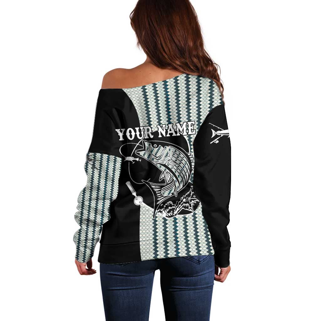 Striped Bass Jumping Graphic Off Shoulder Sweater Rod Reel and Airplane on Fish Scale Pattern - Wonder Print Shop