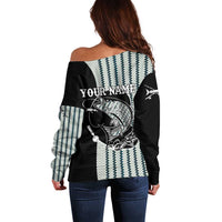 Striped Bass Jumping Graphic Off Shoulder Sweater Rod Reel and Airplane on Fish Scale Pattern - Wonder Print Shop