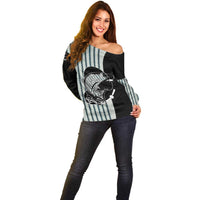 Striped Bass Jumping Graphic Off Shoulder Sweater Rod Reel and Airplane on Fish Scale Pattern - Wonder Print Shop