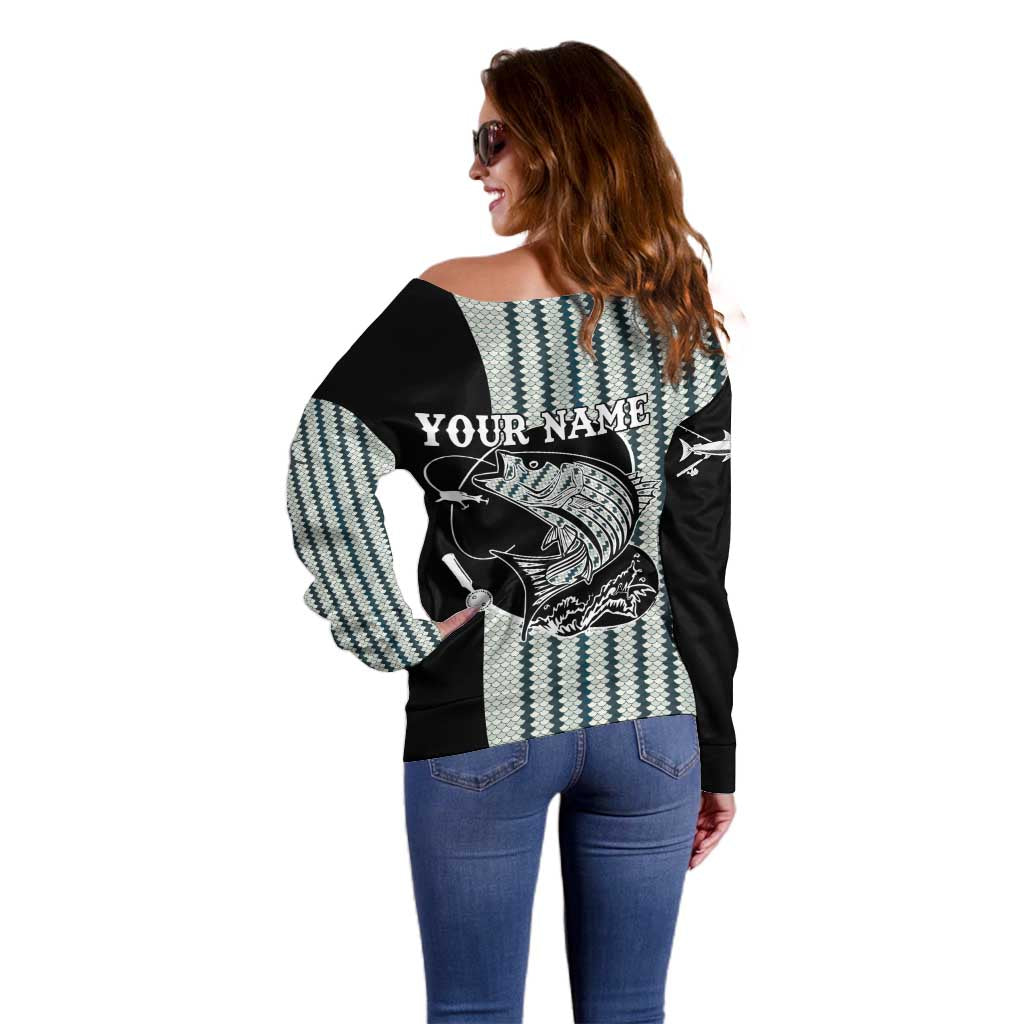 Striped Bass Jumping Graphic Off Shoulder Sweater Rod Reel and Airplane on Fish Scale Pattern - Wonder Print Shop