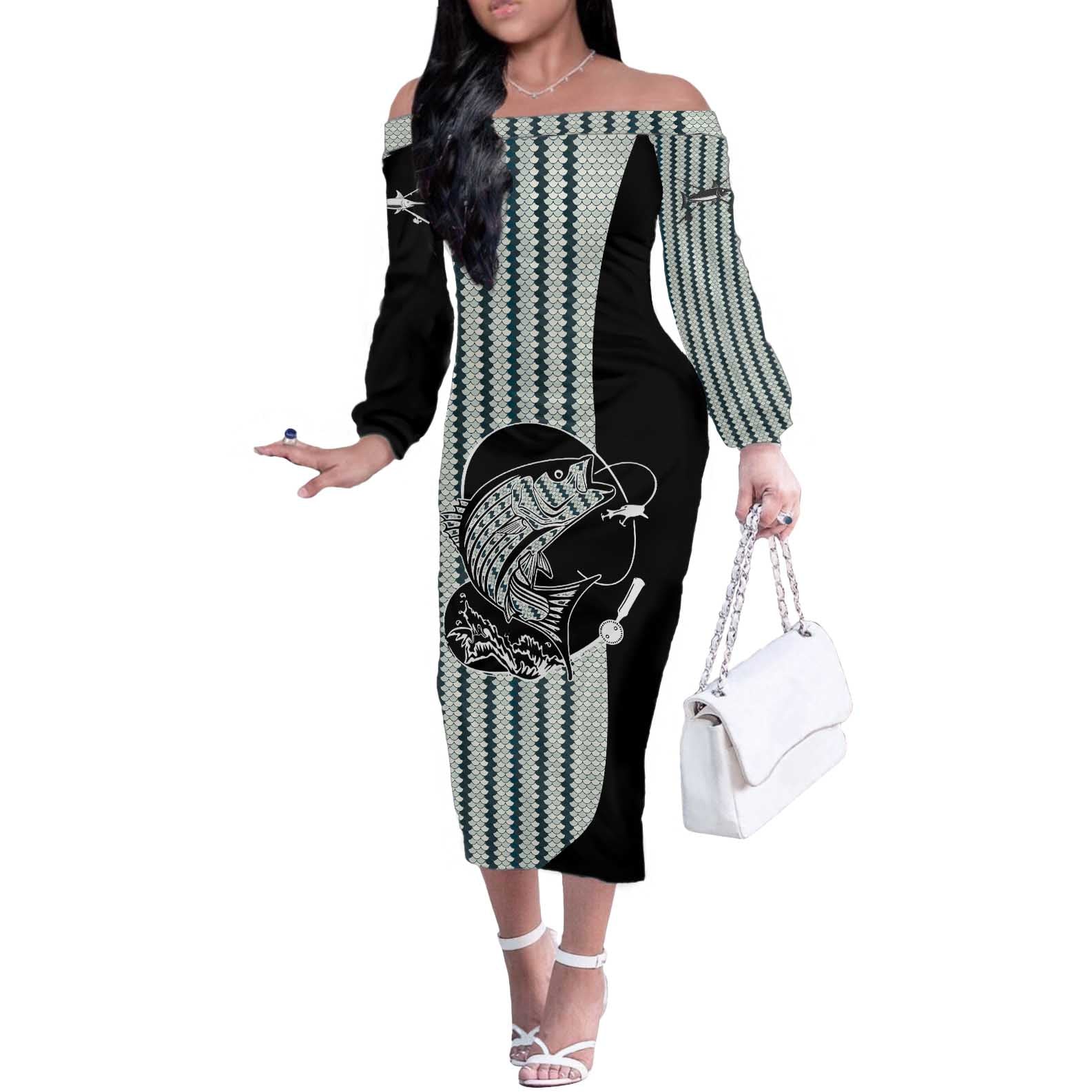 Striped Bass Jumping Graphic Off The Shoulder Long Sleeve Dress Rod Reel and Airplane on Fish Scale Pattern - Wonder Print Shop