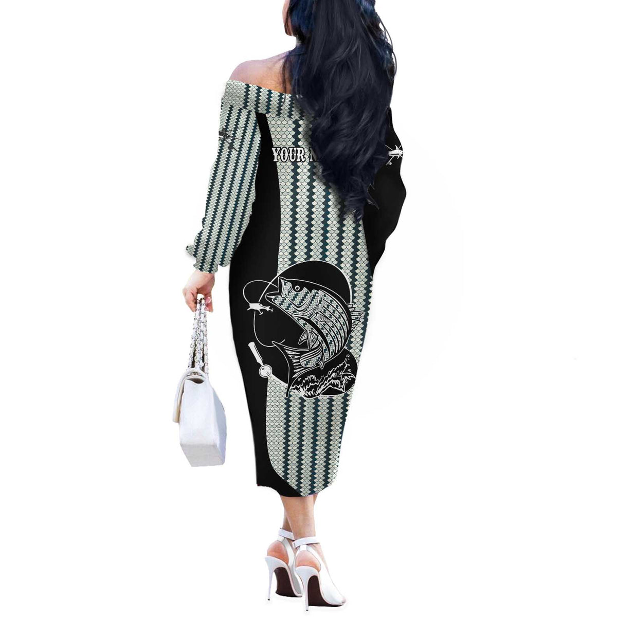 Striped Bass Jumping Graphic Off The Shoulder Long Sleeve Dress Rod Reel and Airplane on Fish Scale Pattern - Wonder Print Shop