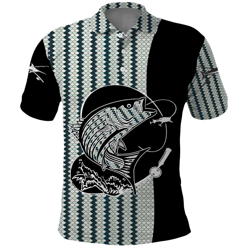 Striped Bass Jumping Graphic Polo Shirt Rod Reel and Airplane on Fish Scale Pattern - Wonder Print Shop