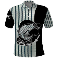 Striped Bass Jumping Graphic Polo Shirt Rod Reel and Airplane on Fish Scale Pattern - Wonder Print Shop