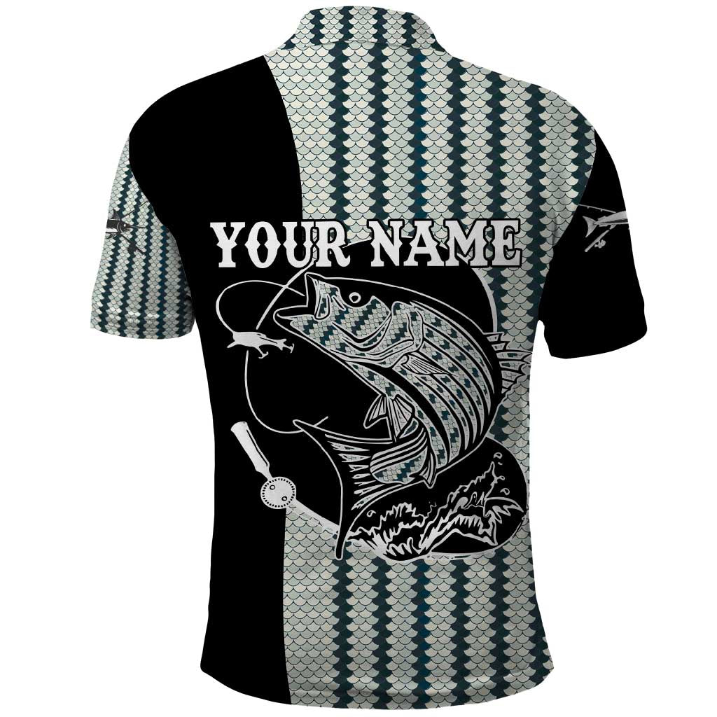 Striped Bass Jumping Graphic Polo Shirt Rod Reel and Airplane on Fish Scale Pattern - Wonder Print Shop