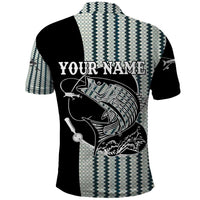 Striped Bass Jumping Graphic Polo Shirt Rod Reel and Airplane on Fish Scale Pattern - Wonder Print Shop