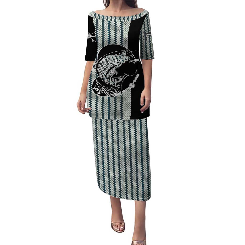 Striped Bass Jumping Graphic Puletasi Rod Reel and Airplane on Fish Scale Pattern - Wonder Print Shop