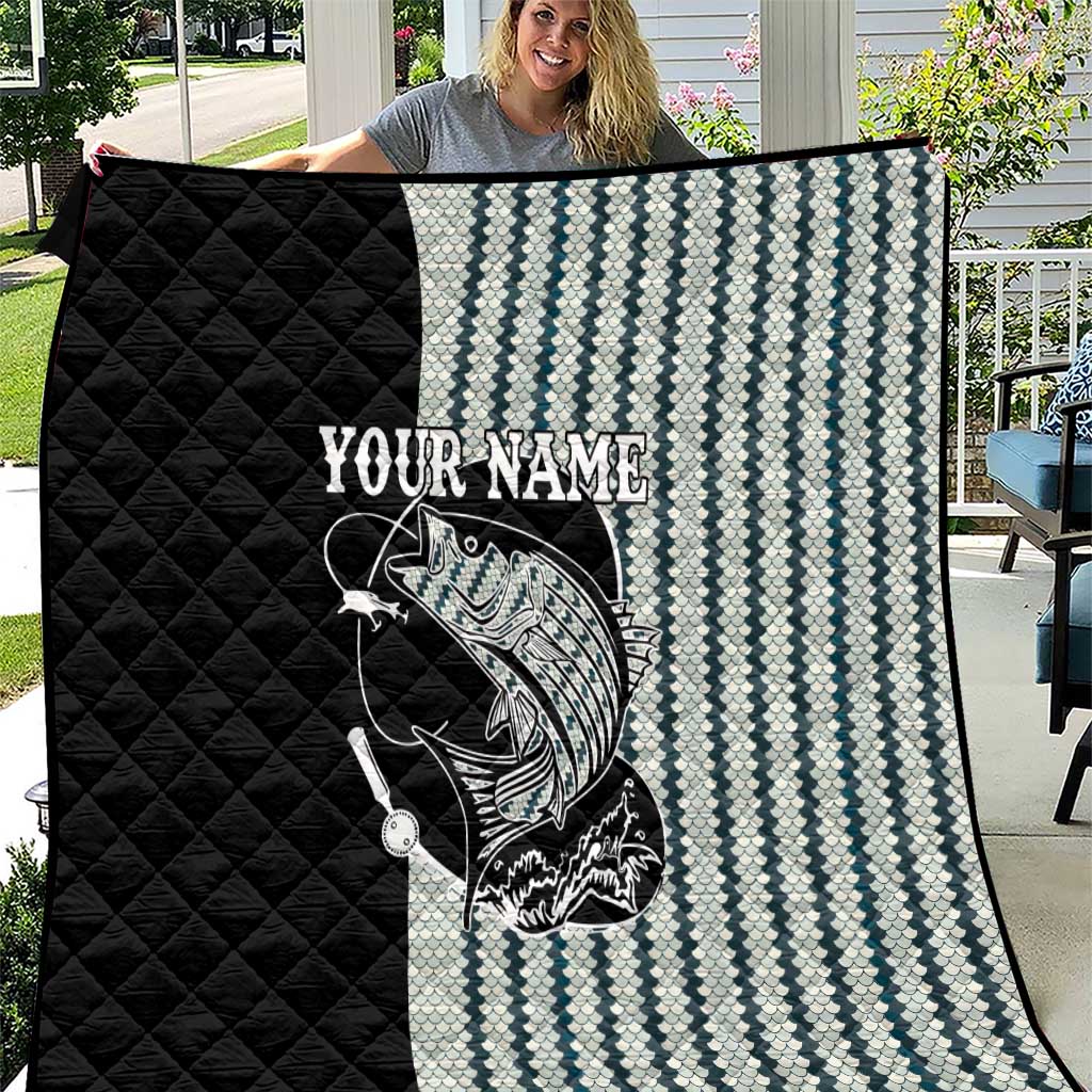 Striped Bass Jumping Graphic Quilt Rod Reel and Airplane on Fish Scale Pattern - Wonder Print Shop