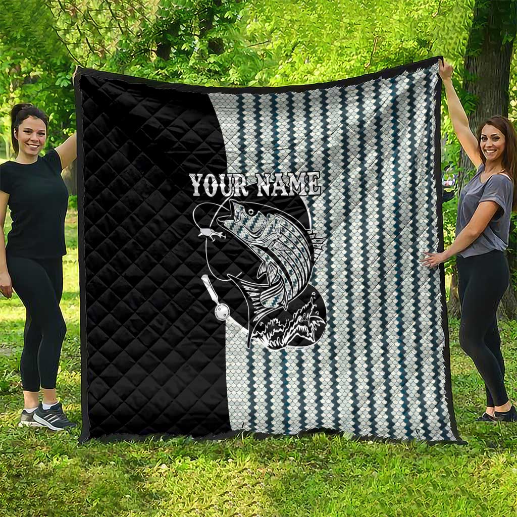 Striped Bass Jumping Graphic Quilt Rod Reel and Airplane on Fish Scale Pattern - Wonder Print Shop