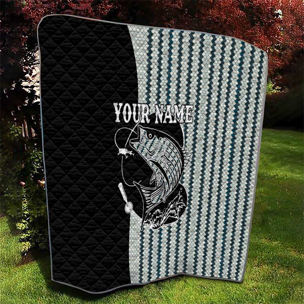 Striped Bass Jumping Graphic Quilt Rod Reel and Airplane on Fish Scale Pattern - Wonder Print Shop