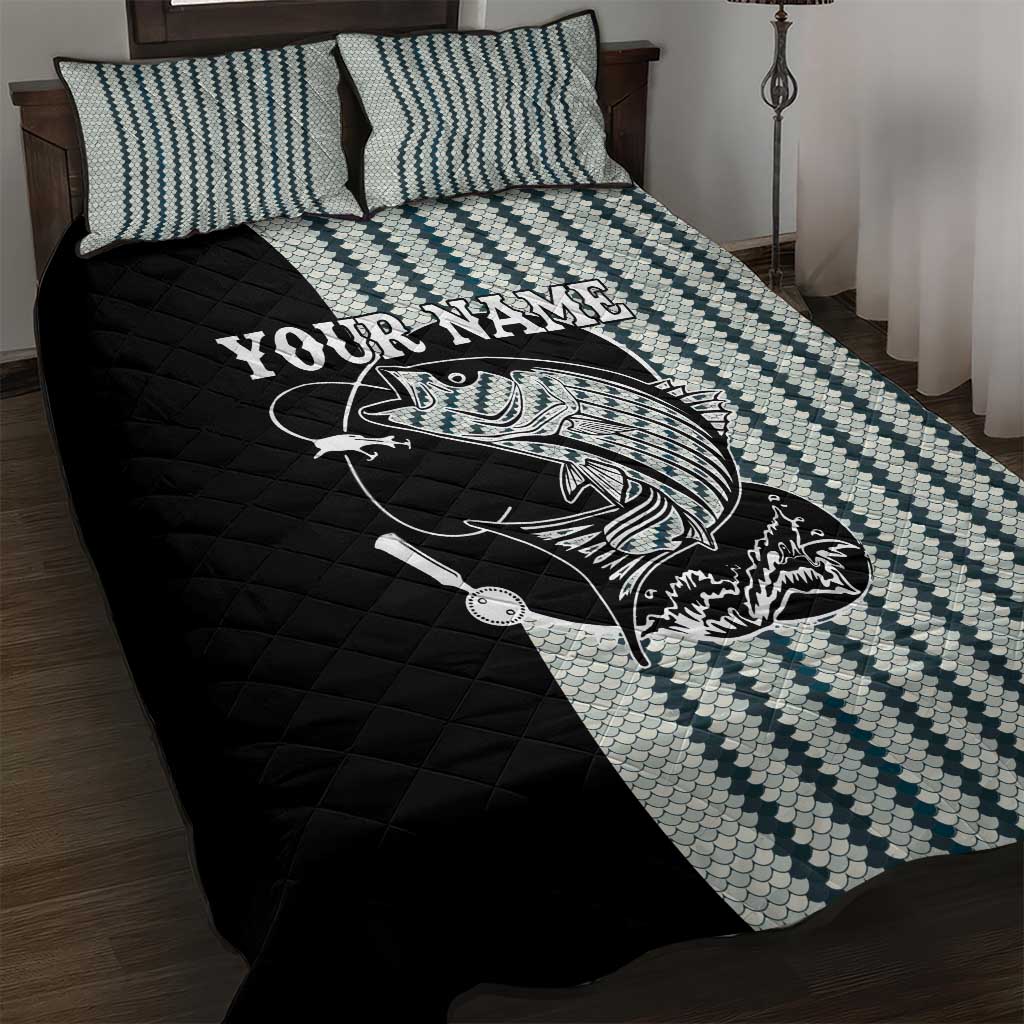 Striped Bass Jumping Graphic Quilt Bed Set Rod Reel and Airplane on Fish Scale Pattern - Wonder Print Shop