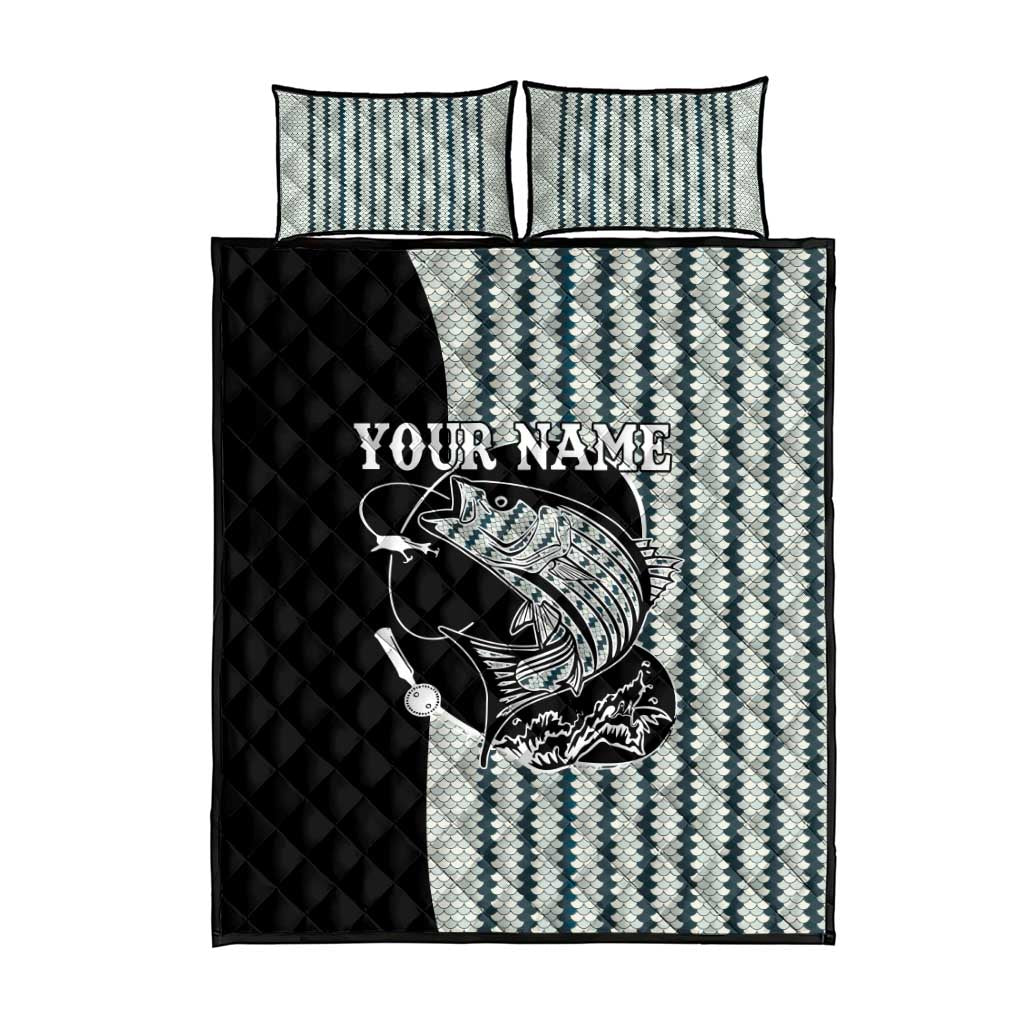 Striped Bass Jumping Graphic Quilt Bed Set Rod Reel and Airplane on Fish Scale Pattern - Wonder Print Shop