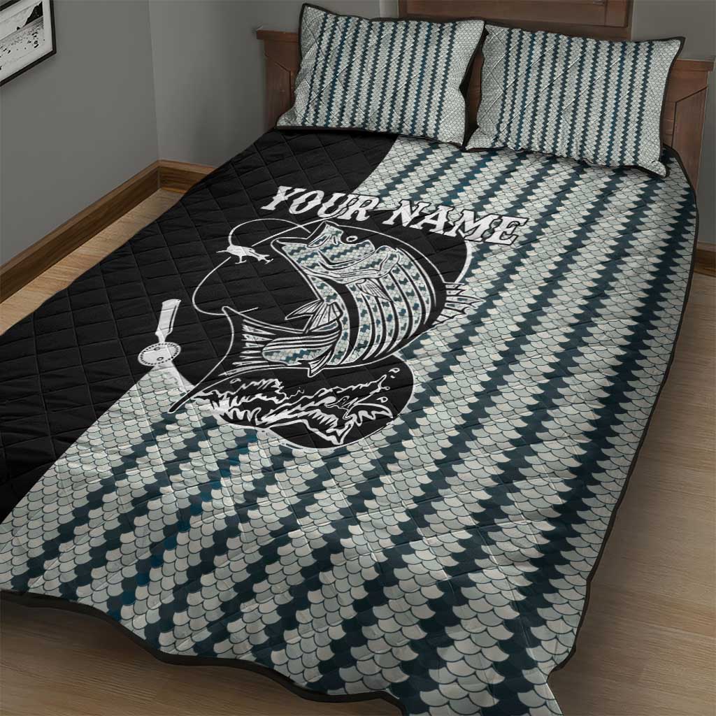 Striped Bass Jumping Graphic Quilt Bed Set Rod Reel and Airplane on Fish Scale Pattern - Wonder Print Shop