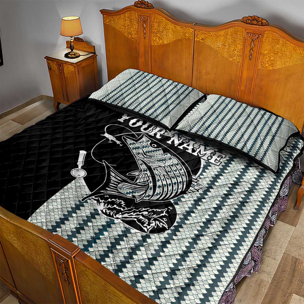Striped Bass Jumping Graphic Quilt Bed Set Rod Reel and Airplane on Fish Scale Pattern - Wonder Print Shop