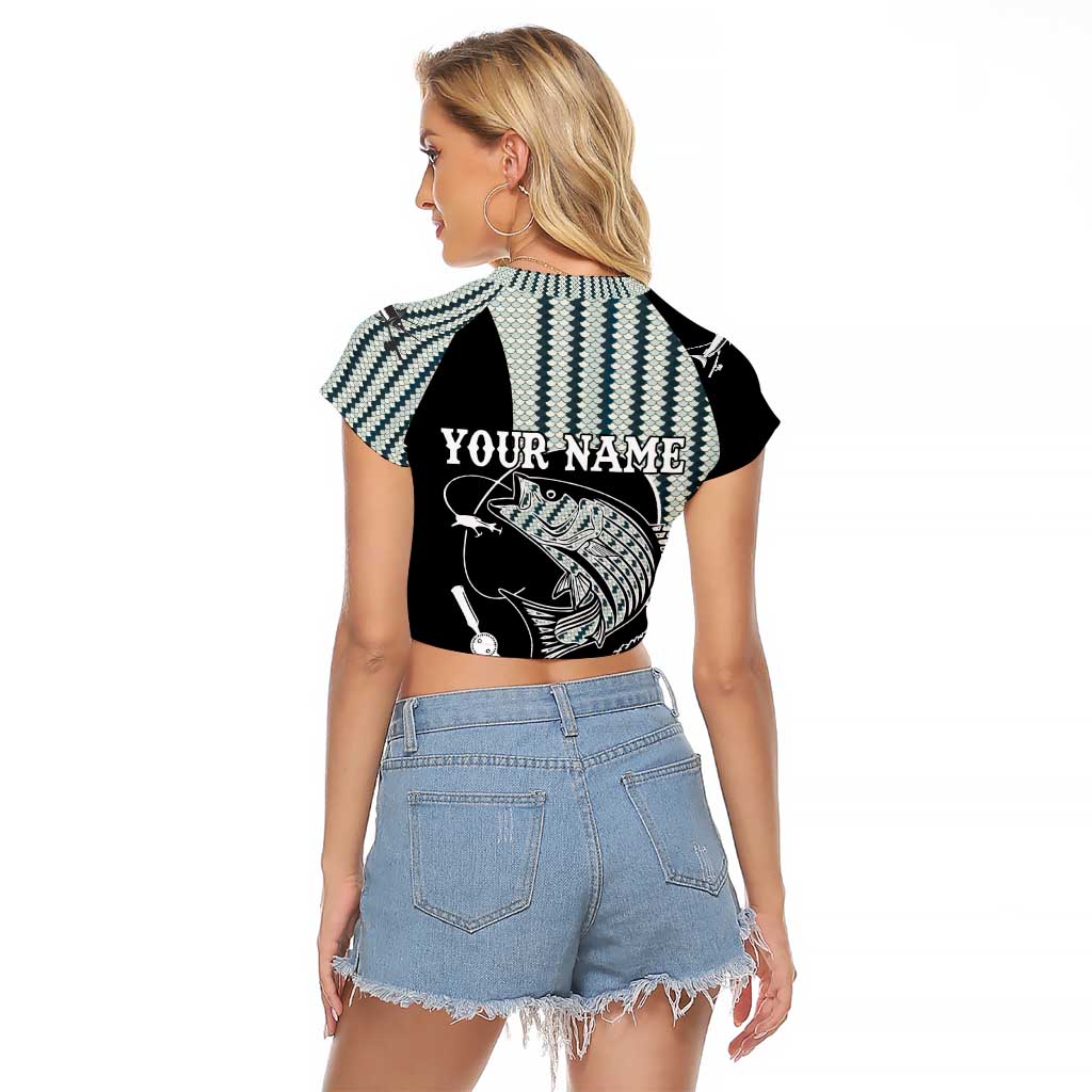 Striped Bass Jumping Graphic Raglan Cropped T Shirt Rod Reel and Airplane on Fish Scale Pattern - Wonder Print Shop