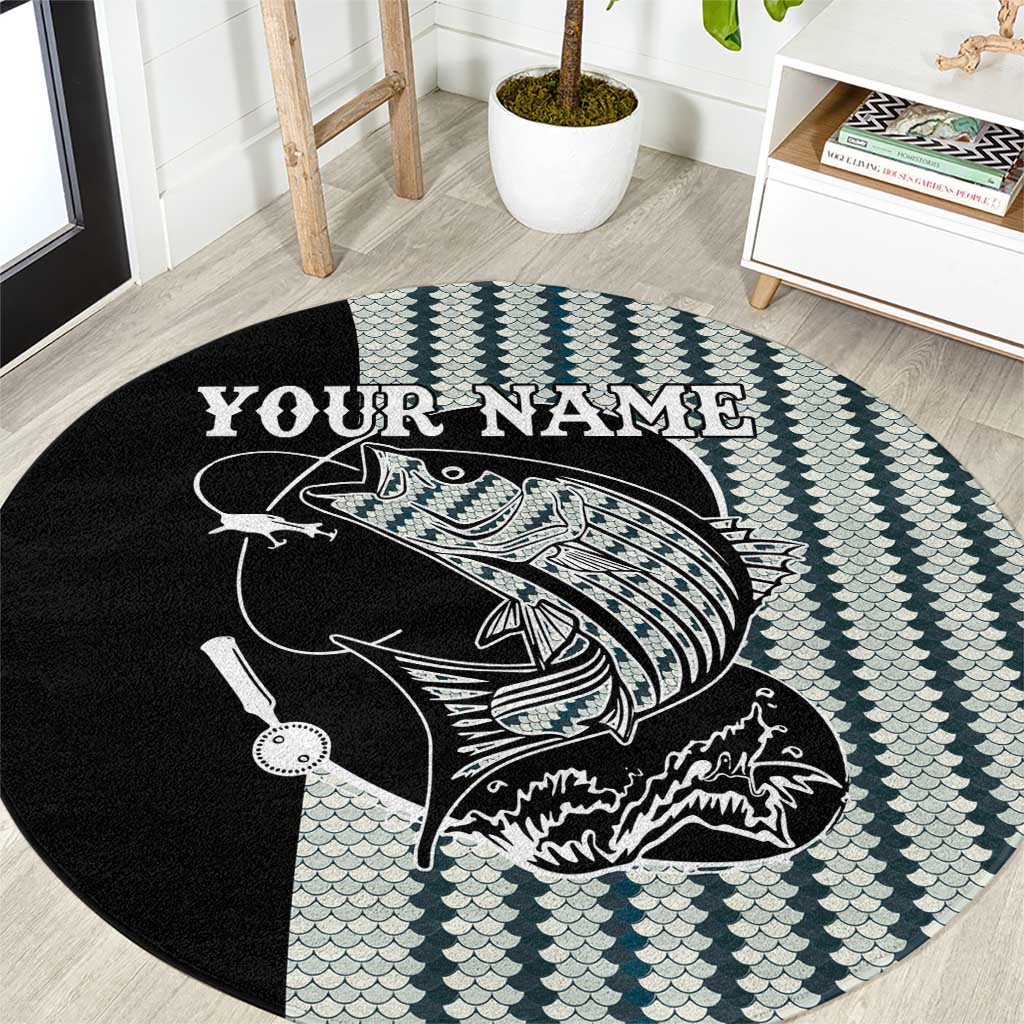 Striped Bass Jumping Graphic Round Carpet Rod Reel and Airplane on Fish Scale Pattern - Wonder Print Shop