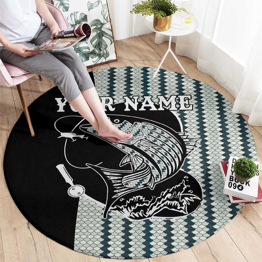 Striped Bass Jumping Graphic Round Carpet Rod Reel and Airplane on Fish Scale Pattern - Wonder Print Shop